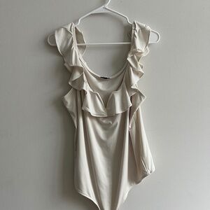 Express US Size L Body Contour Compression Silky Ruffle V-Wire Neckline Bodysuit